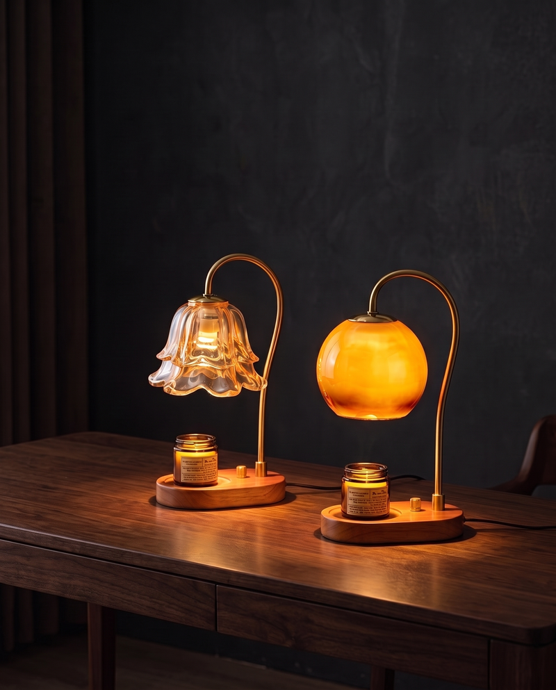 Orb and Flower candle warmer lamp duo, side by side