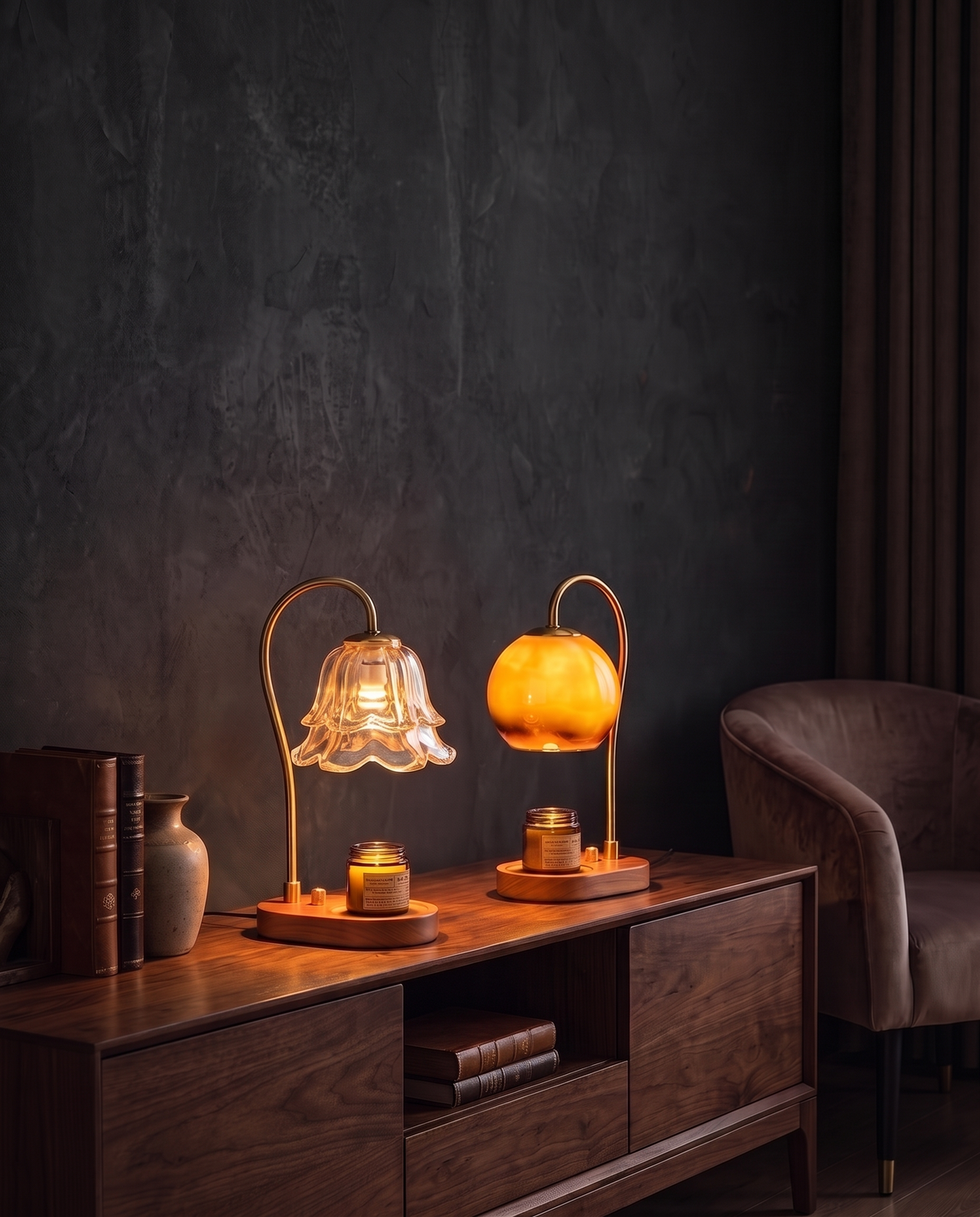 Orb and Flower candle warmer lamp duo, wider lifestyle shot