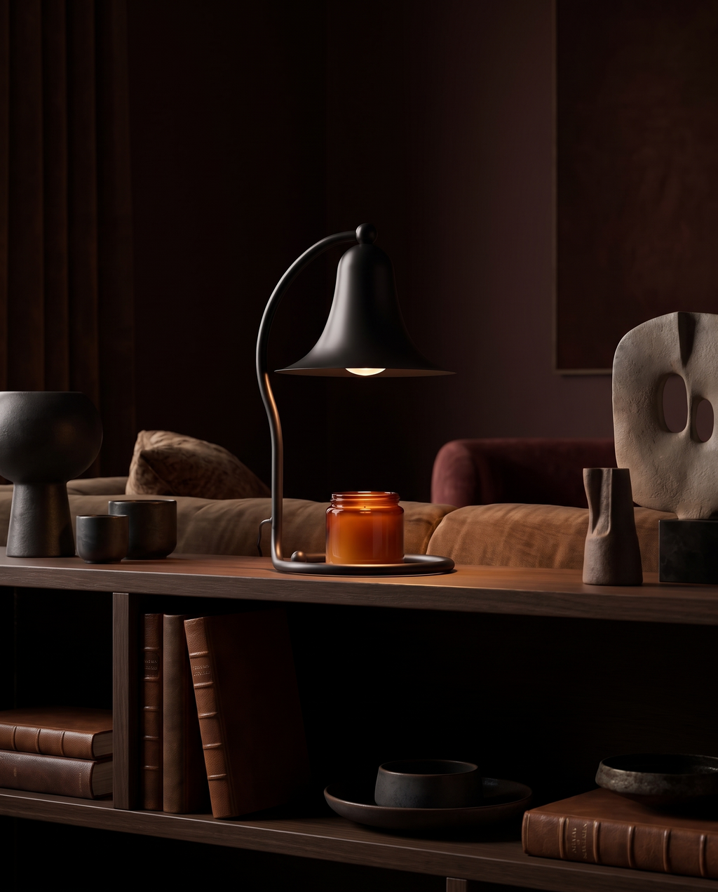 Yeuslor candle warmer lamp on a bookshelf