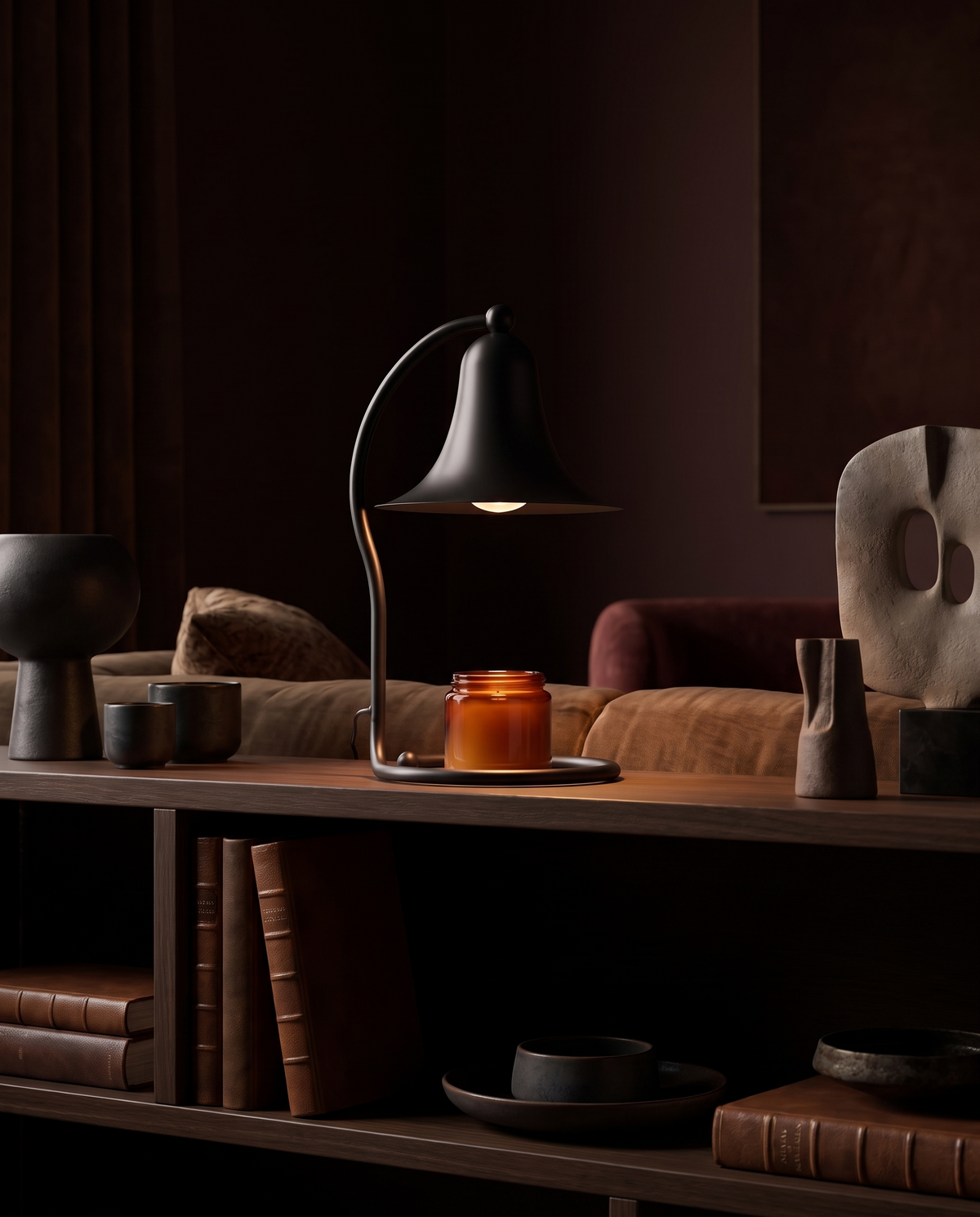 Yeuslor candle warmer lamp on a bookshelf