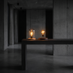 The Solstice Duo table lamps, styled together on a console