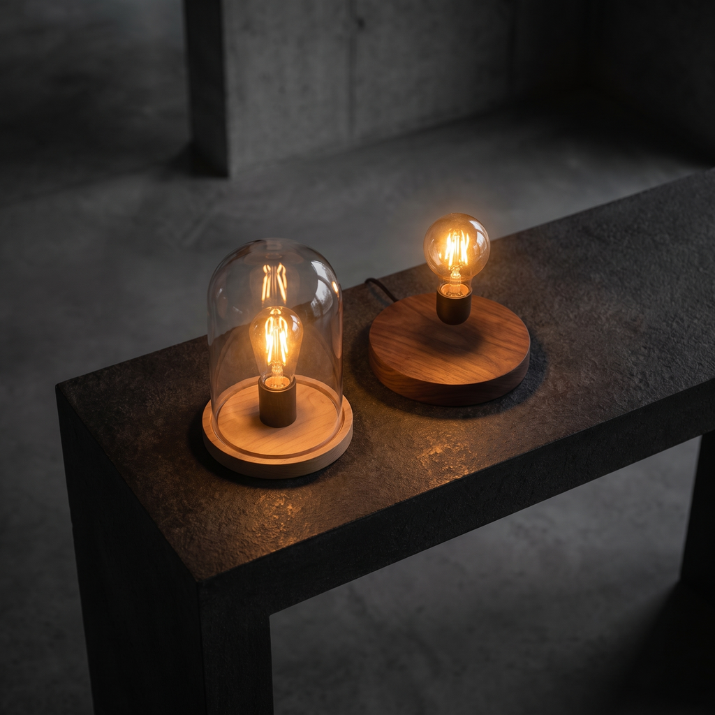 The Solstice Duo table lamps, elevated angle on a plinth