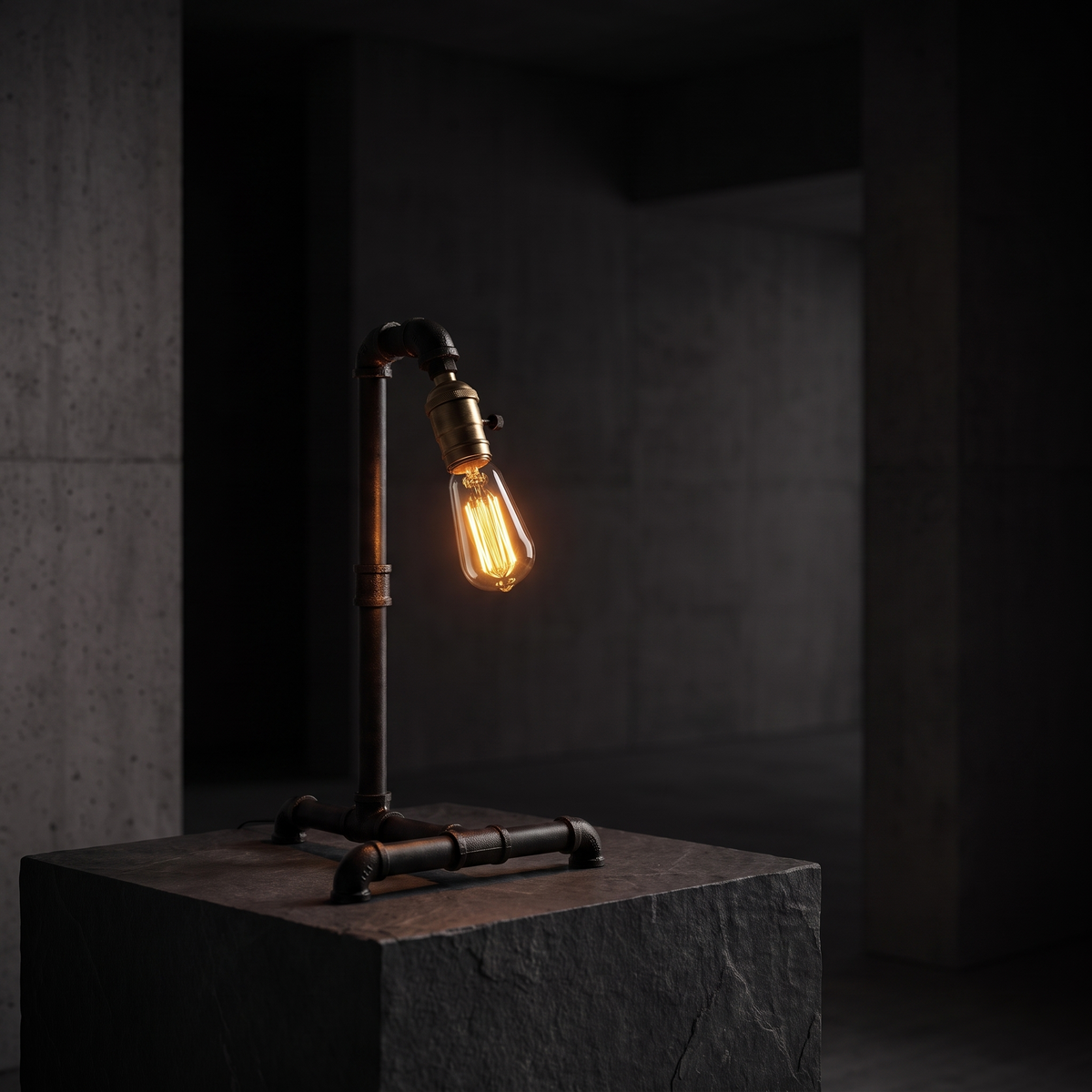 Forge table lamp, alternate angle on a plinth