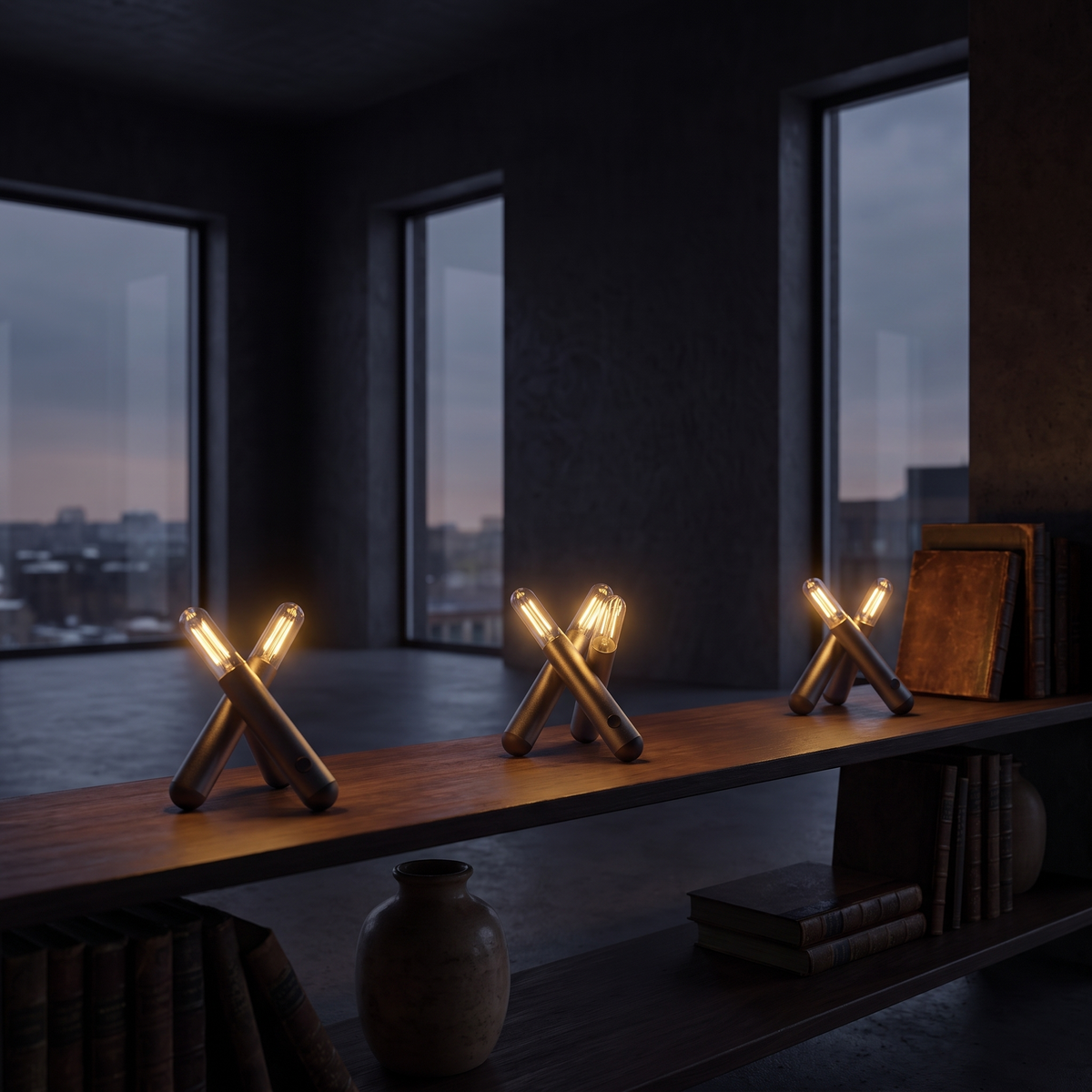 Triad table lamp, the trio spread across a shelf