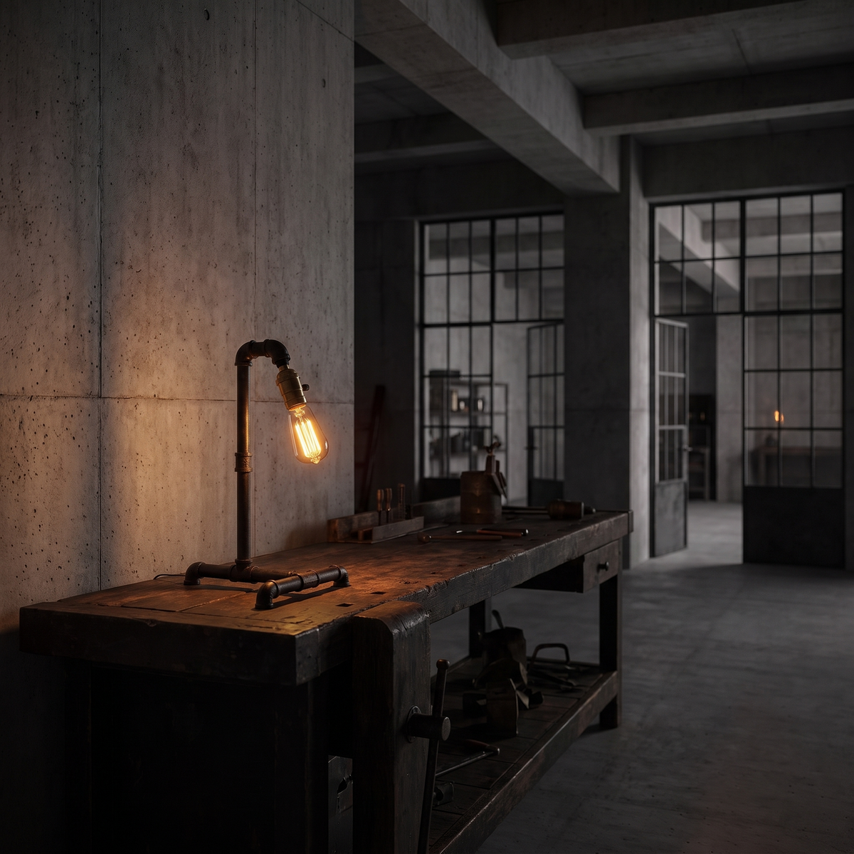 Forge table lamp, styled on a workshop-inspired console
