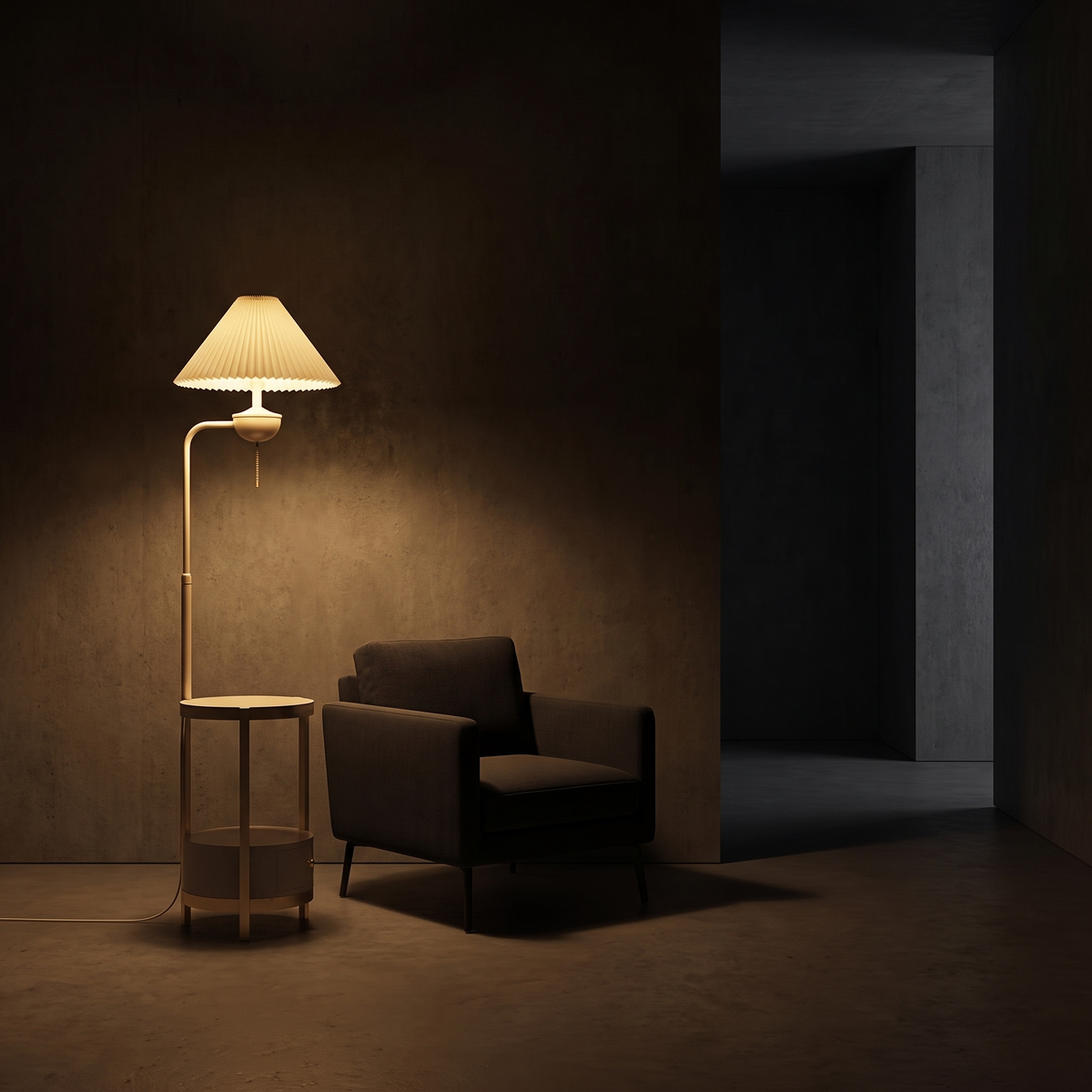 Lumen floor lamp, styled beside an armchair