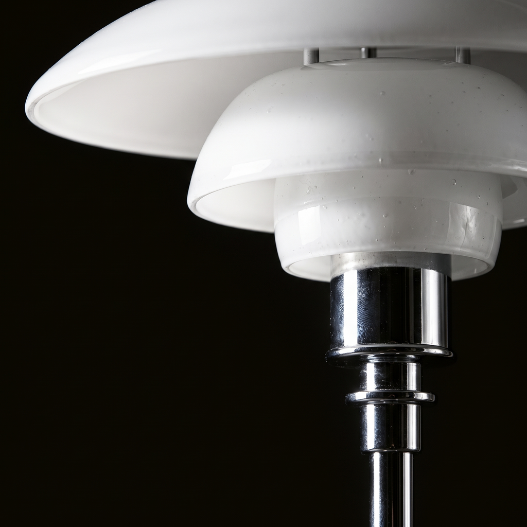 Bergen floor lamp, detail close-up of glass shade and chrome joint