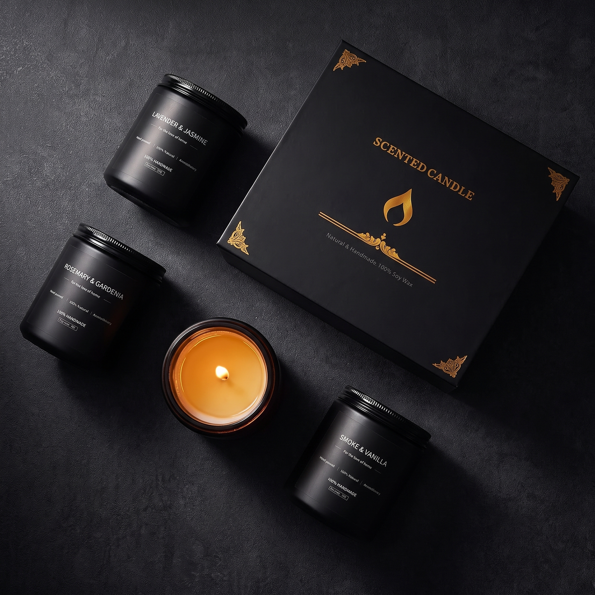 Compass candle set, overhead flat-lay variation