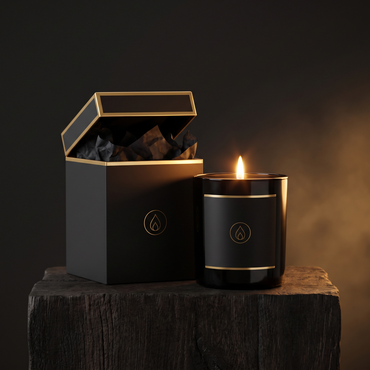 Regent — The Mahogany Teakwood candle, lit, beside its black and gold gift box