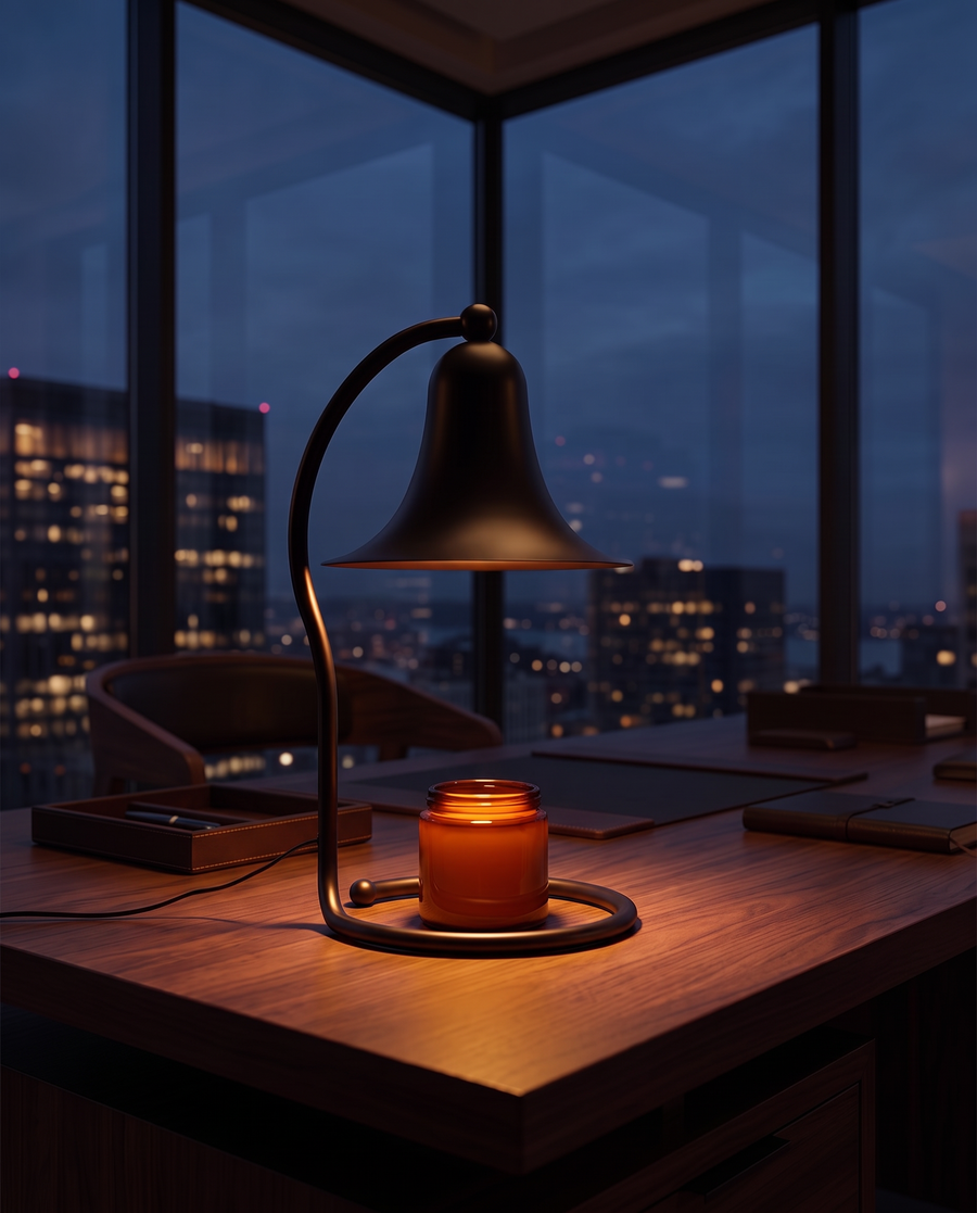 The Desk / Corner Office, lit at dusk