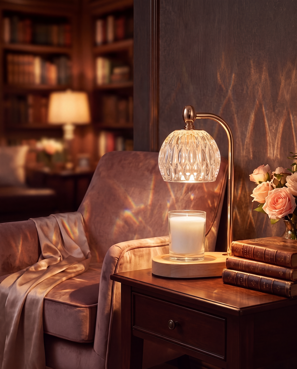 MEIXISUE crystal dome candle warmer lamp in a reading nook